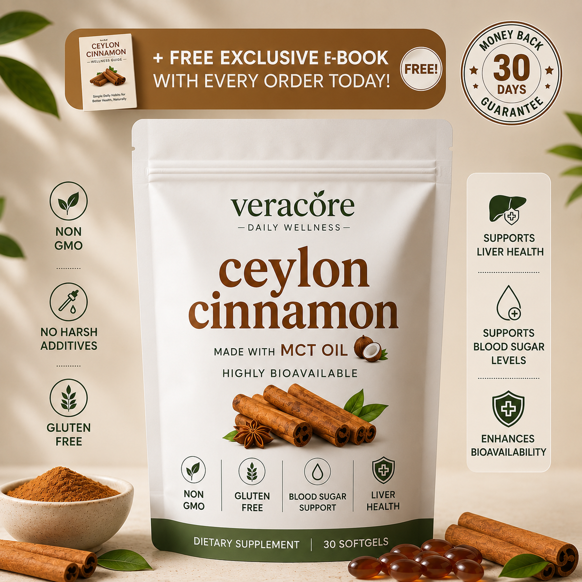Veracoré Ceylon Cinnamon 7200mg Equivalent with MCT Oil