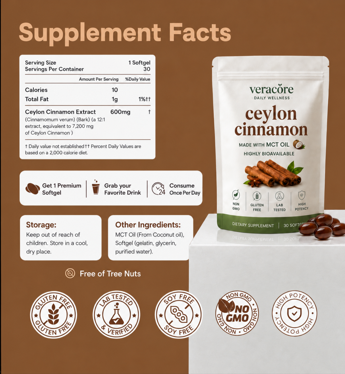 Veracoré Ceylon Cinnamon 7200mg Equivalent with MCT Oil
